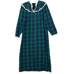 Lanz of Salzburg Nightgown Women's Green Blue Plaid Flannel Button Pajamas Lace